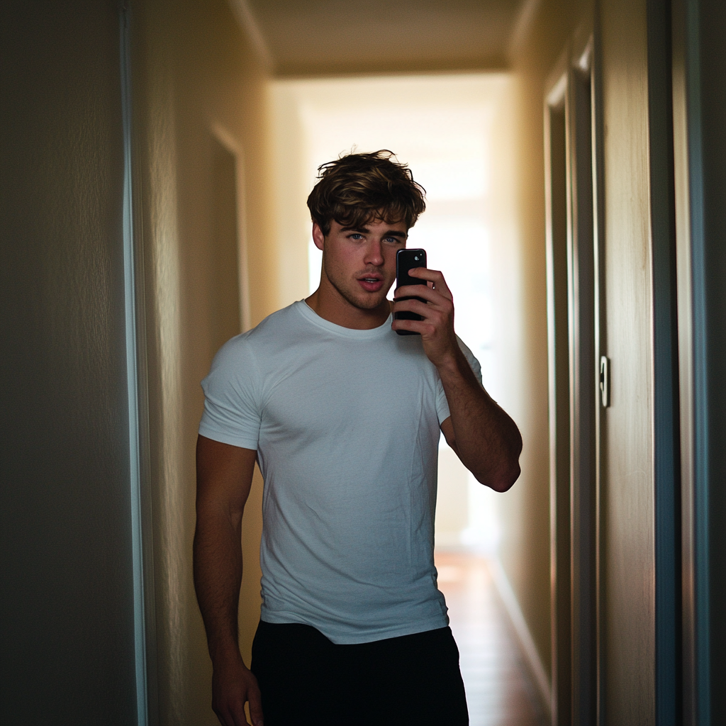 A man talking on a phone in a hallway | Source: no source