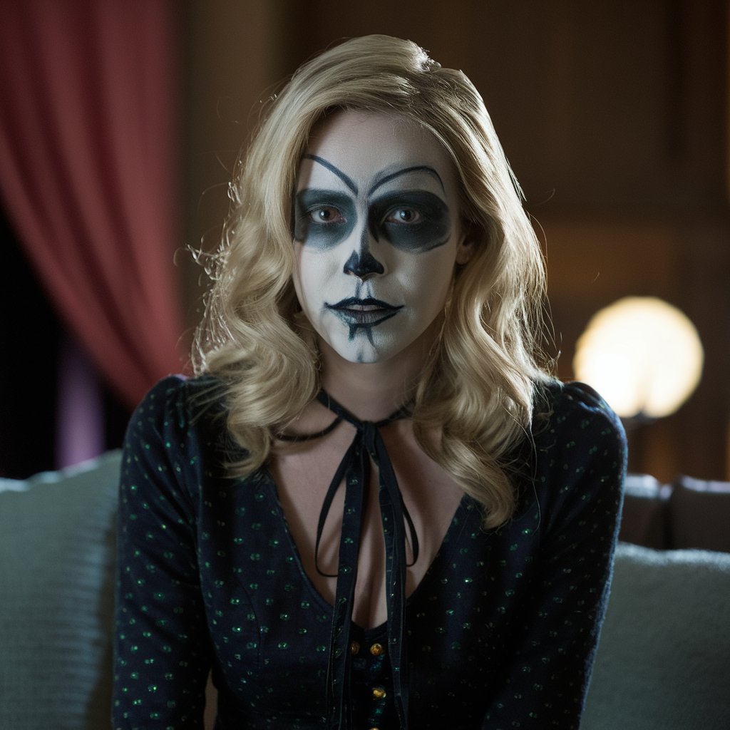 A woman in a Halloween-like make-up in a living room | Source: No source