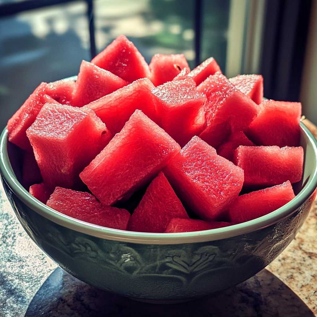 A bowl of cubed watermelon | Source: no source