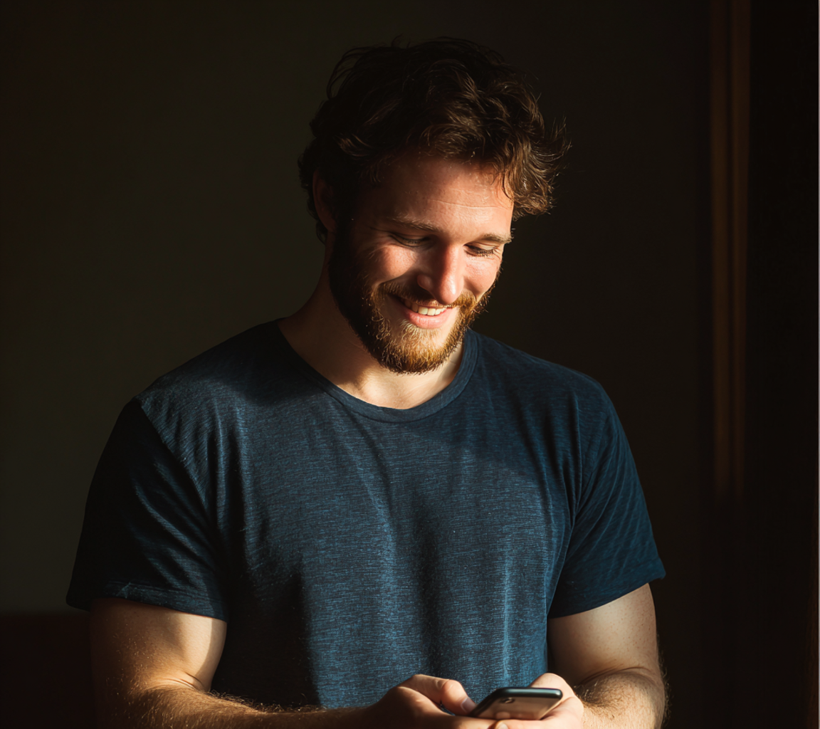 A man using his cellphone and smiling | Source: no source