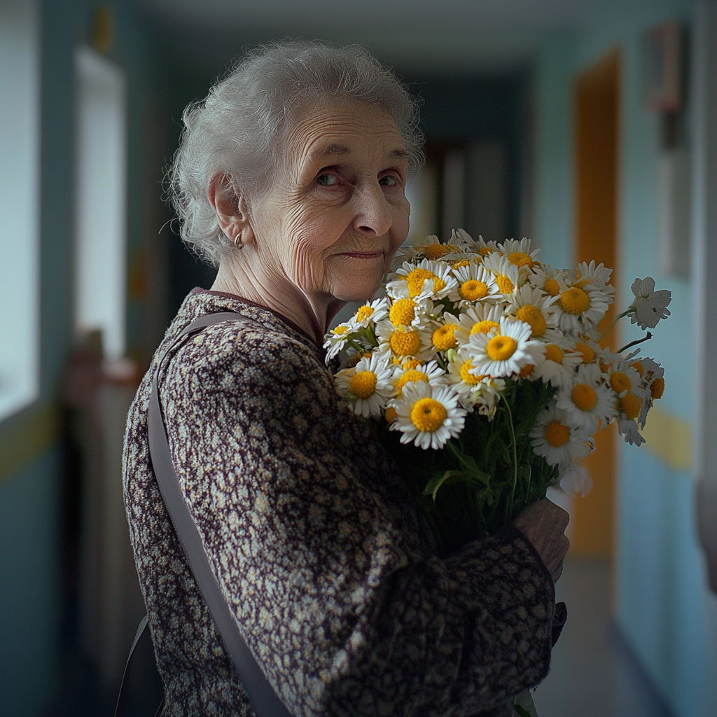 An elderly woman holding a bouquet of daisies | Source: no source