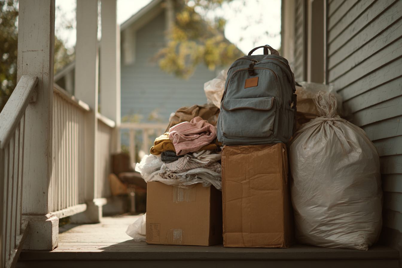 Boxes and clothes on a front porch | Source: No source