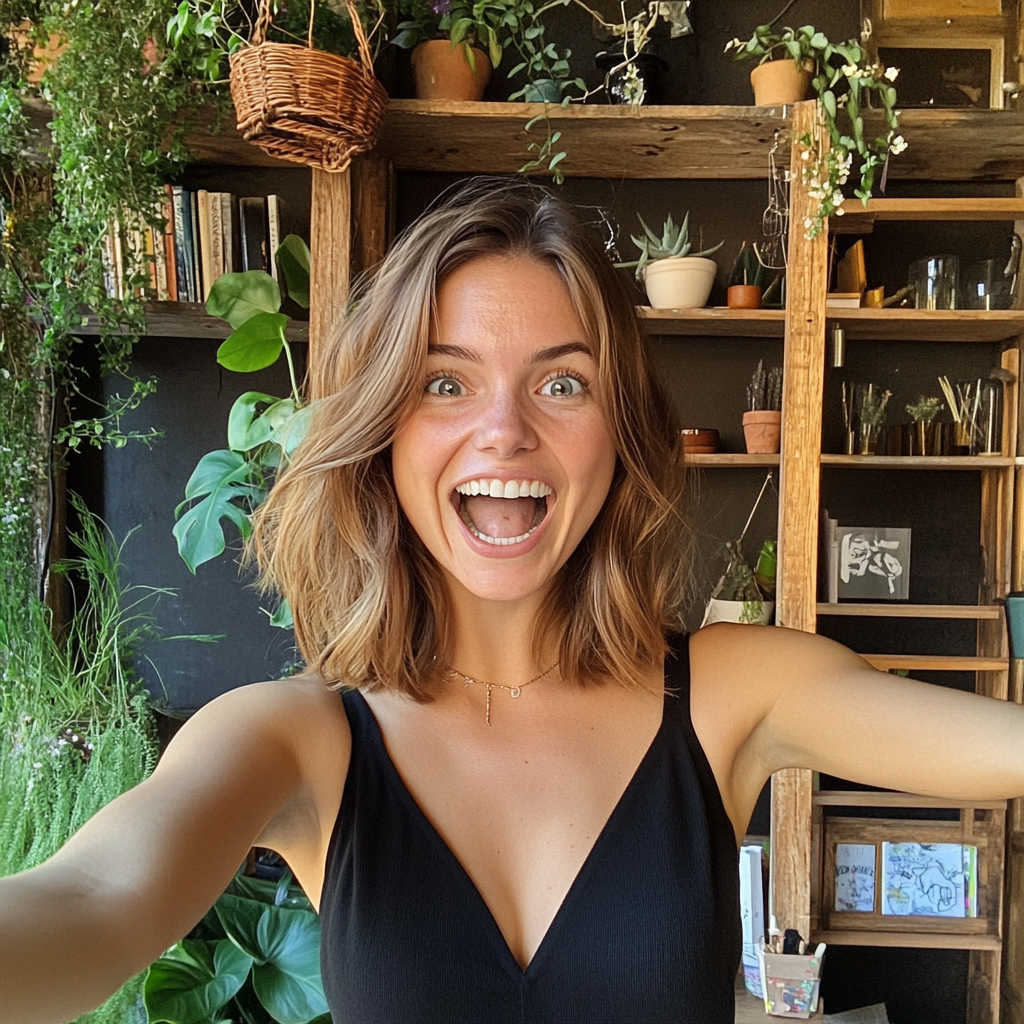 An excited woman in a coffee shop | Source: No source