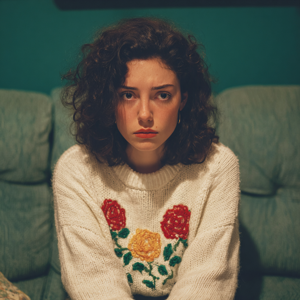 An annoyed woman in a white sweater | Source: No source