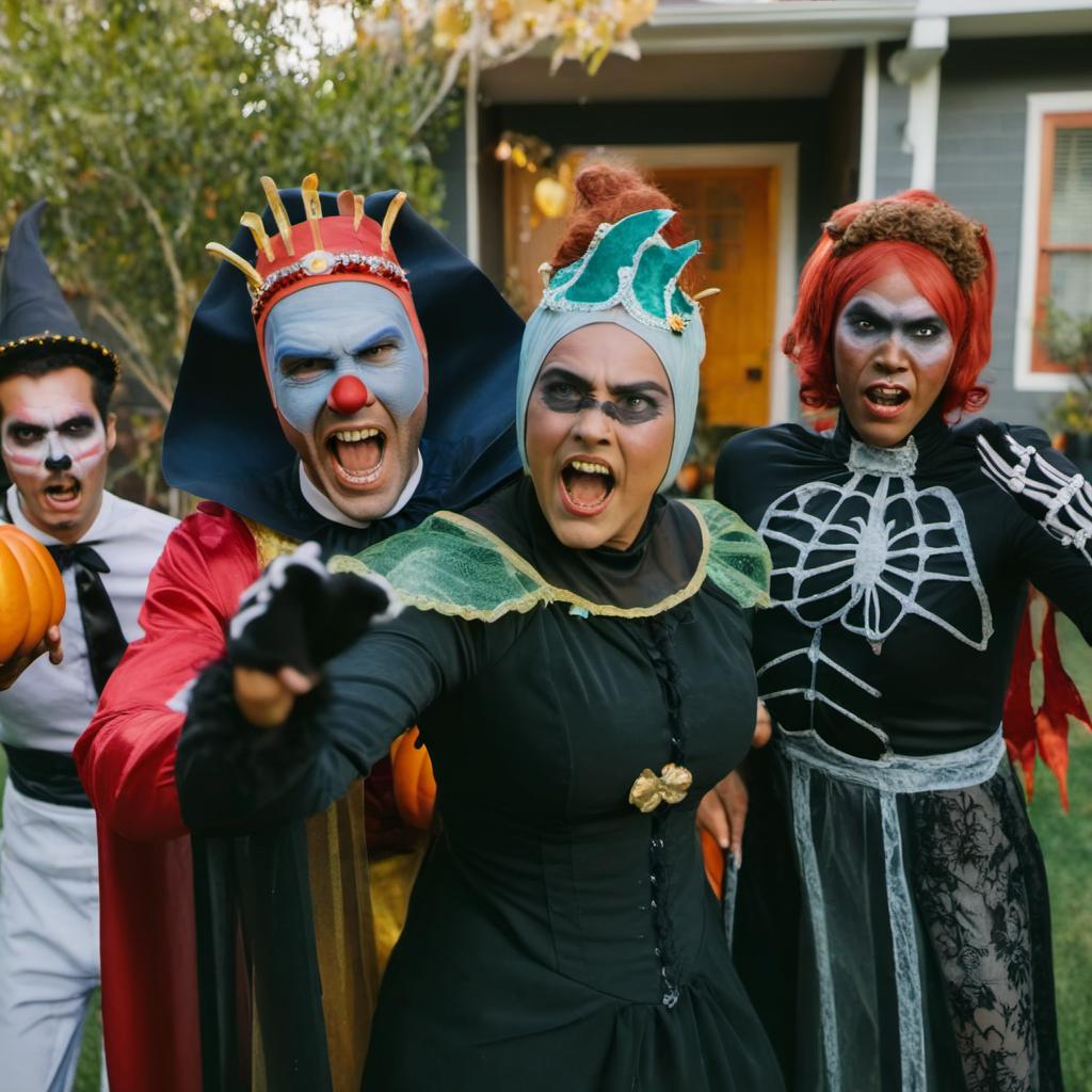 People dressed in scary costumes performing in a backyard | Source: No source
