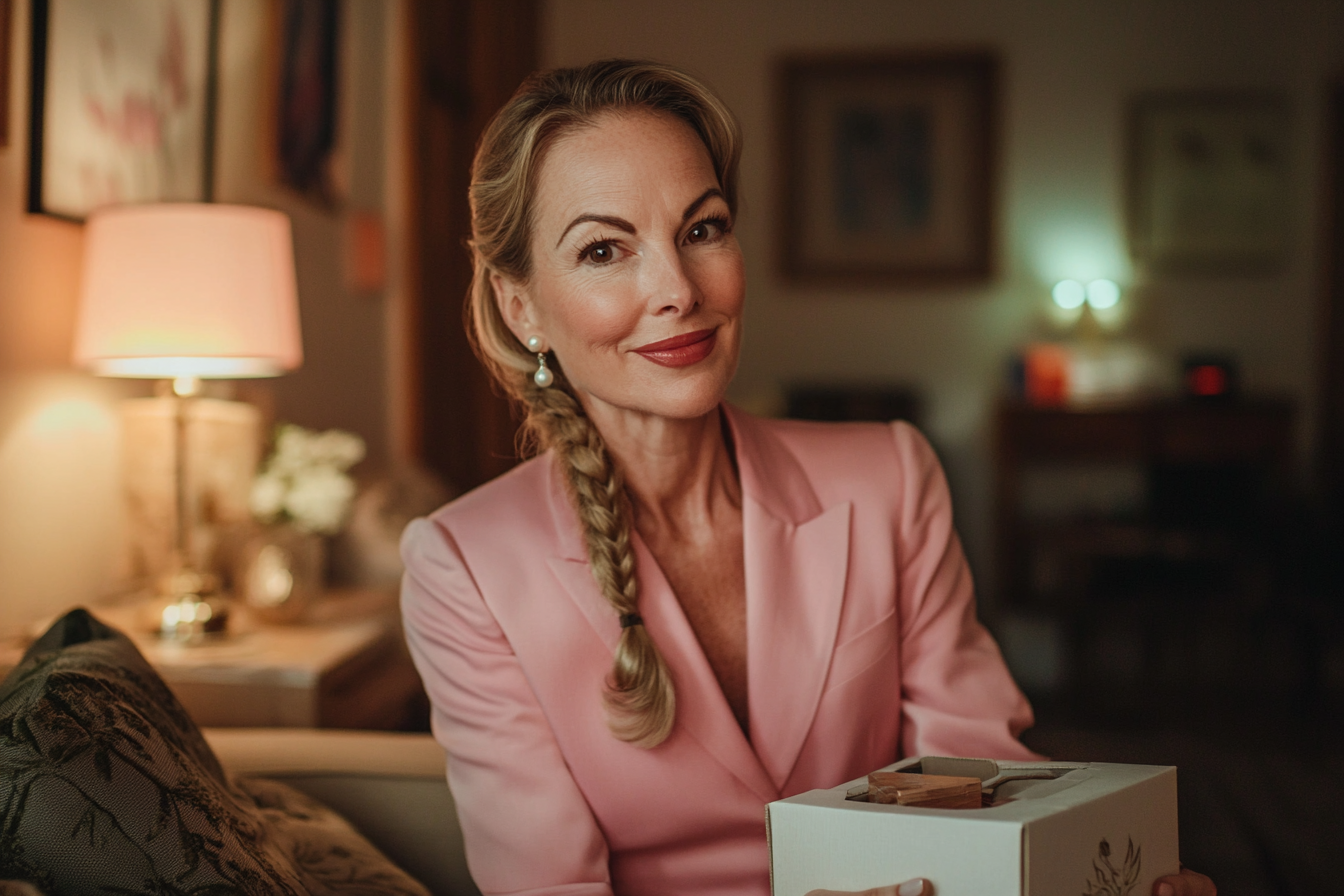 A smiling woman in her 40s holding a shoe box sitting on a couch in the living room of a cozy apartment | Source: No source