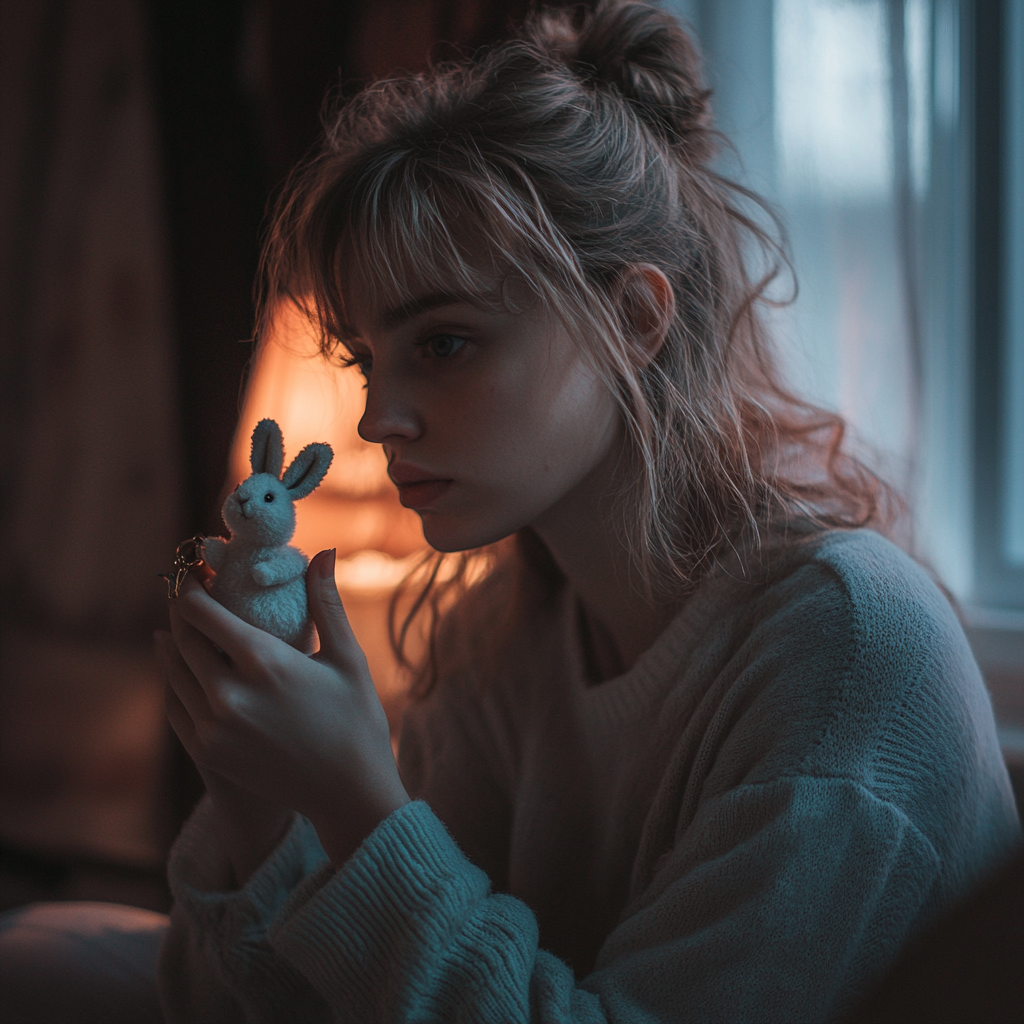 A woman holding a bunny keychain | Source: No source