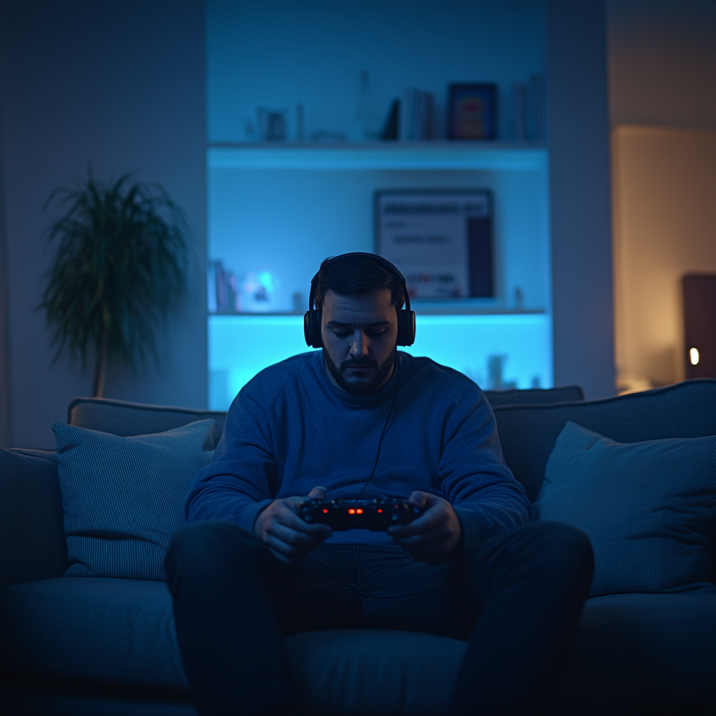 Man sitting on a couch, wearing a headset, playing video games at night. | Source: no source