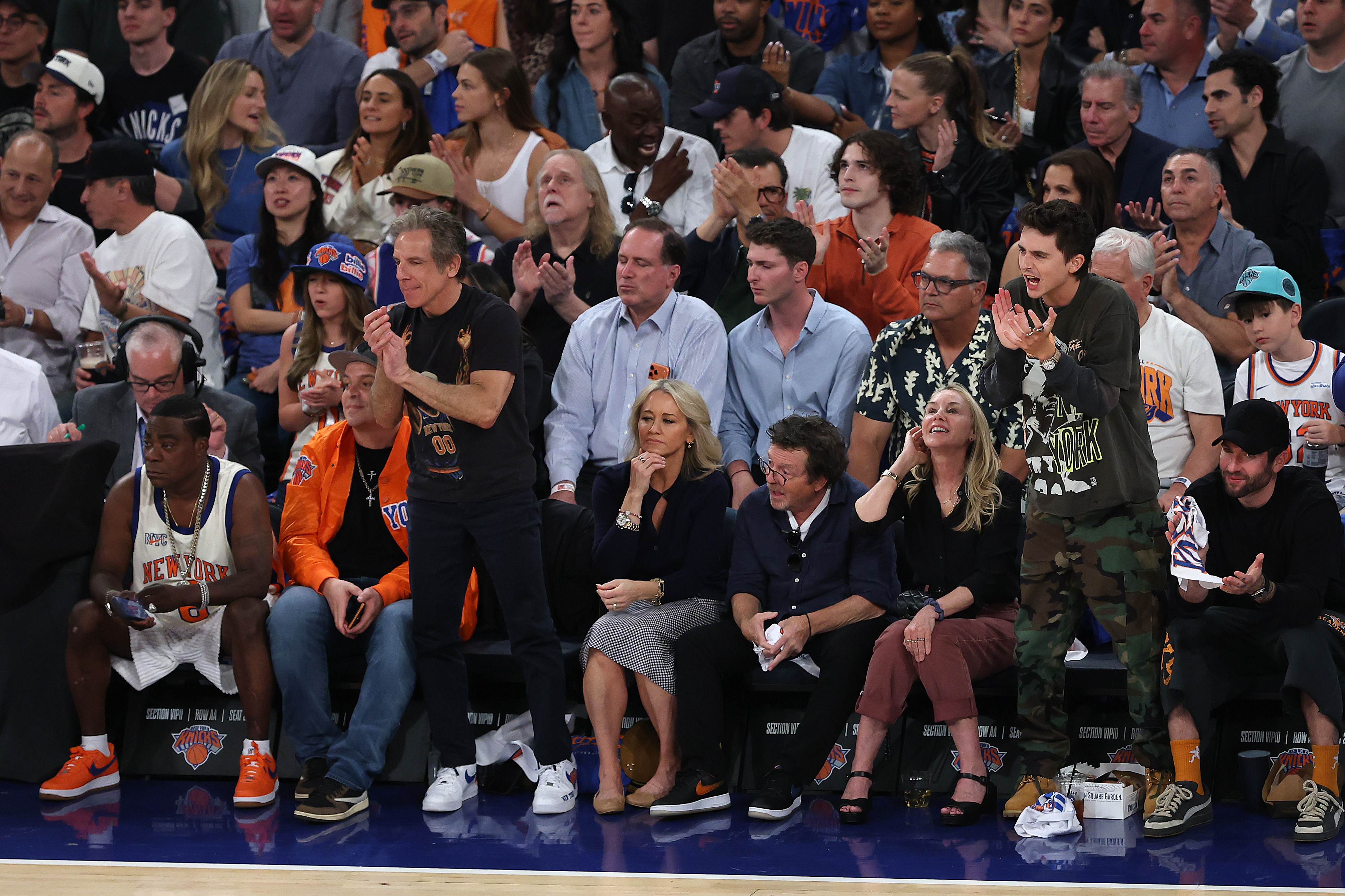 Tracy Morgan, Ben Stiller, Christine Taylor, Michael J. Fox, Tracy Pollan and Timothee Chalamet sit court side during the second quarter of a game between the Cleveland Cavaliers and the New York Knicks in Game One of the NBA Eastern Conference Finals at Madison Square Garden on May 19, 2026 in New York City. | Source: Getty Images