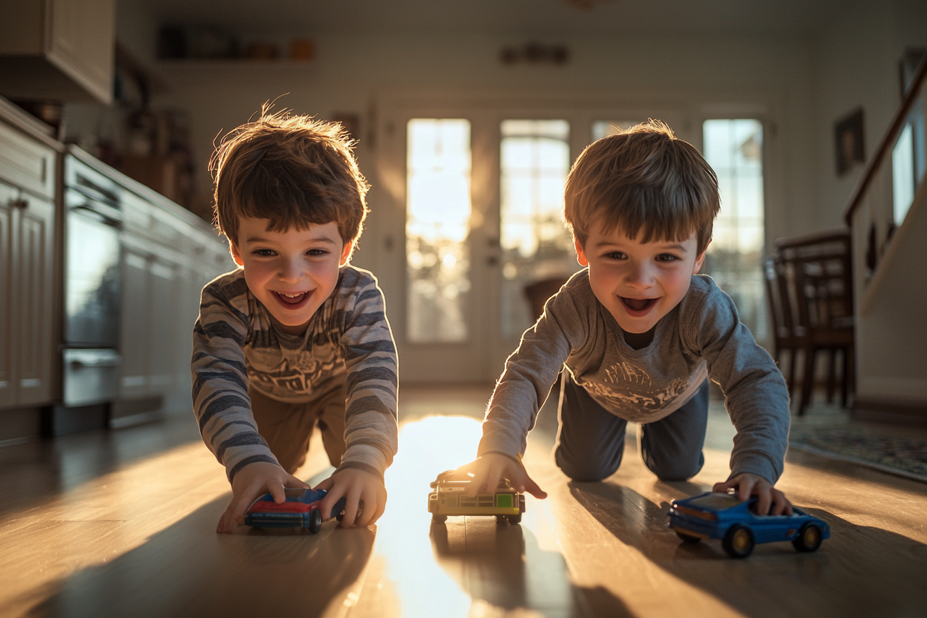 Twin 7-year-old boys playing with toy cars on the kitchen floor | Source: no source