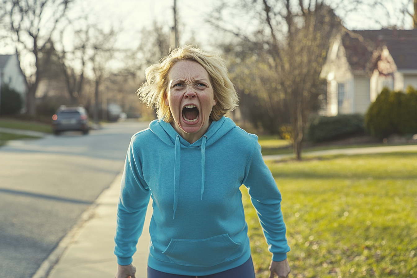 A middle-aged woman on a front lawn screaming | Source: No source