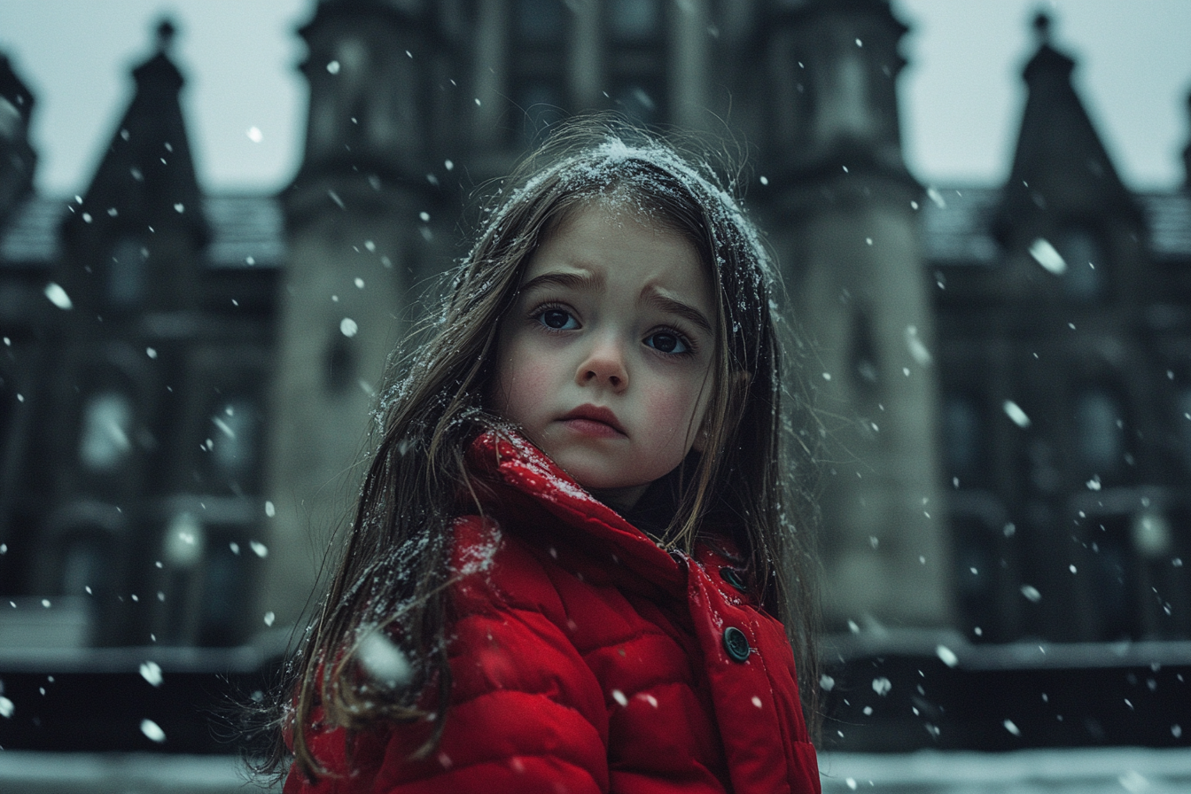 A little girl wearing a red jacket, looking sad, in front of a building outside in the snow | Source: no source