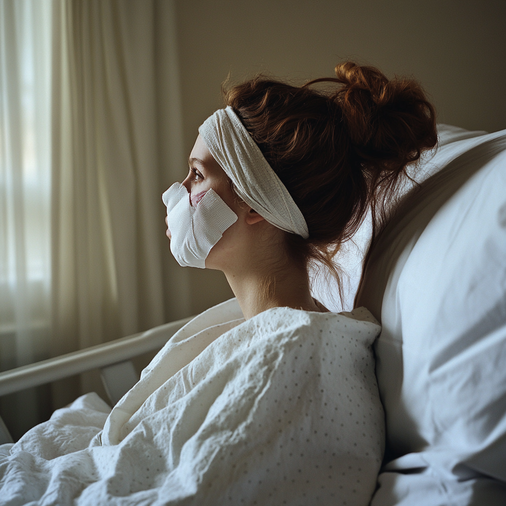 A woman with bandages covering her face | Source: no source