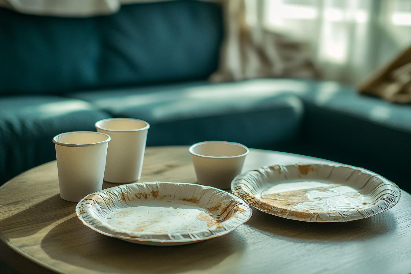 Dirty paper plates on a coffee table | Source: no source