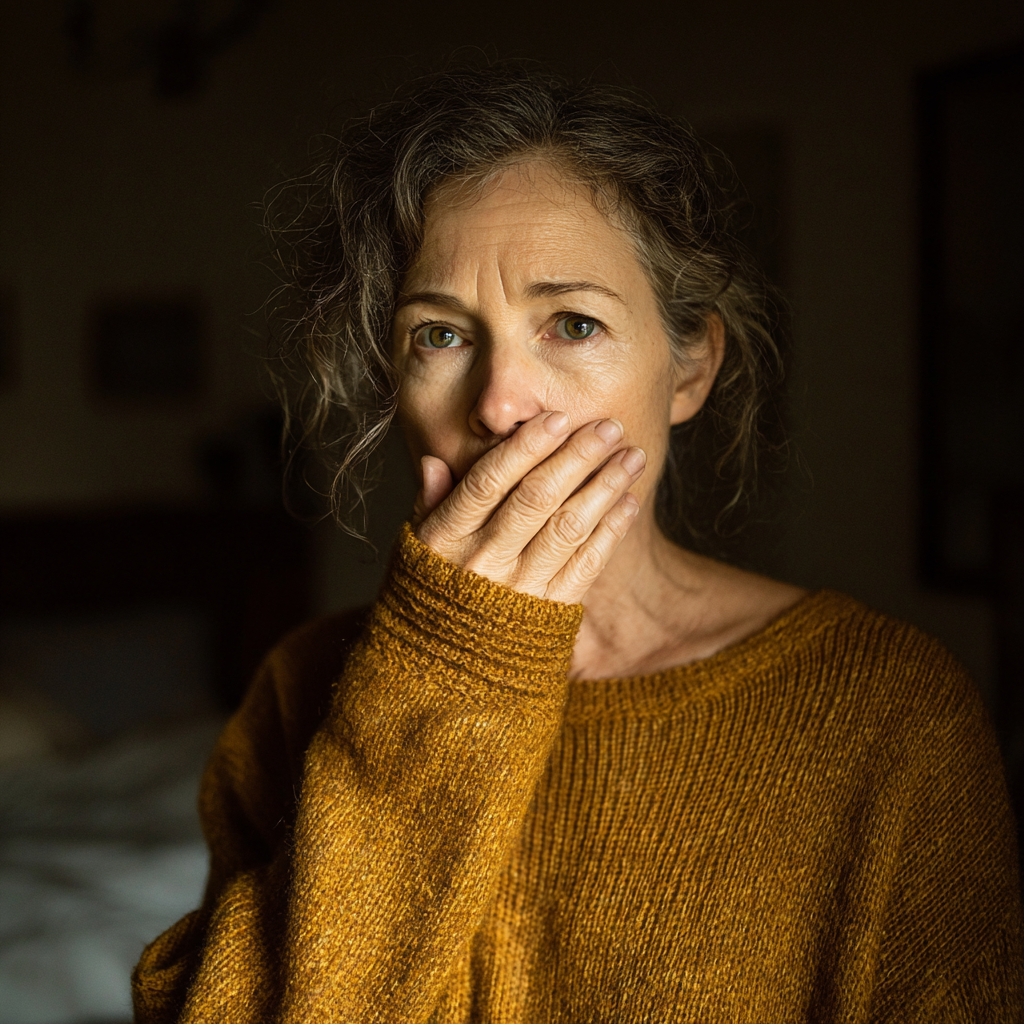 A shocked woman standing in a bedroom with a hand over her mouth | Source: No source