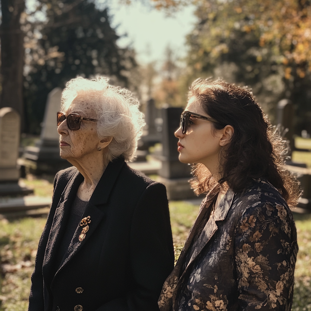 Senior woman and a young woman at a gravesite | Source: No source