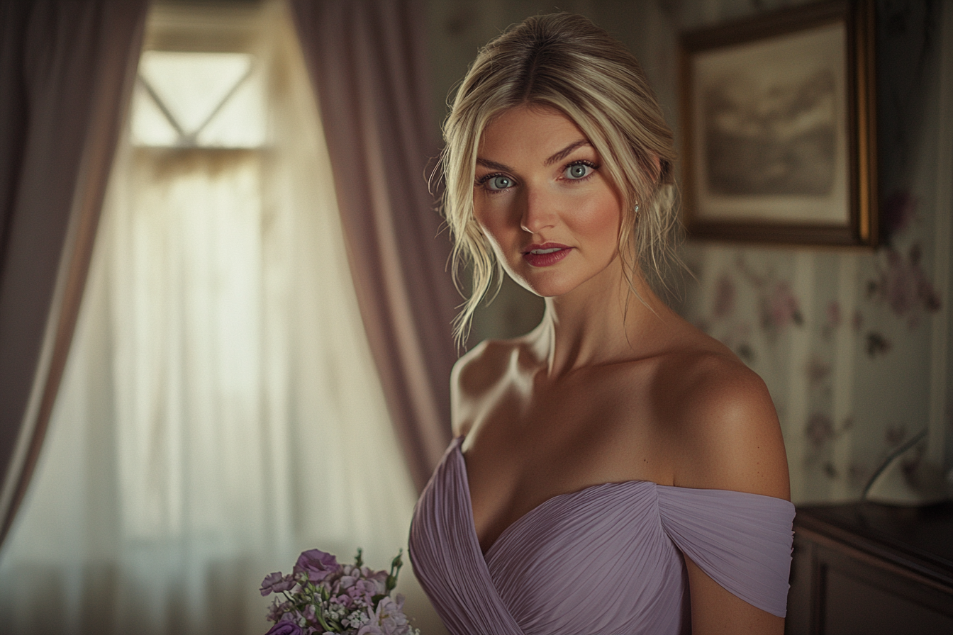 A woman dressed for a wedding looking surprised | Source: no source