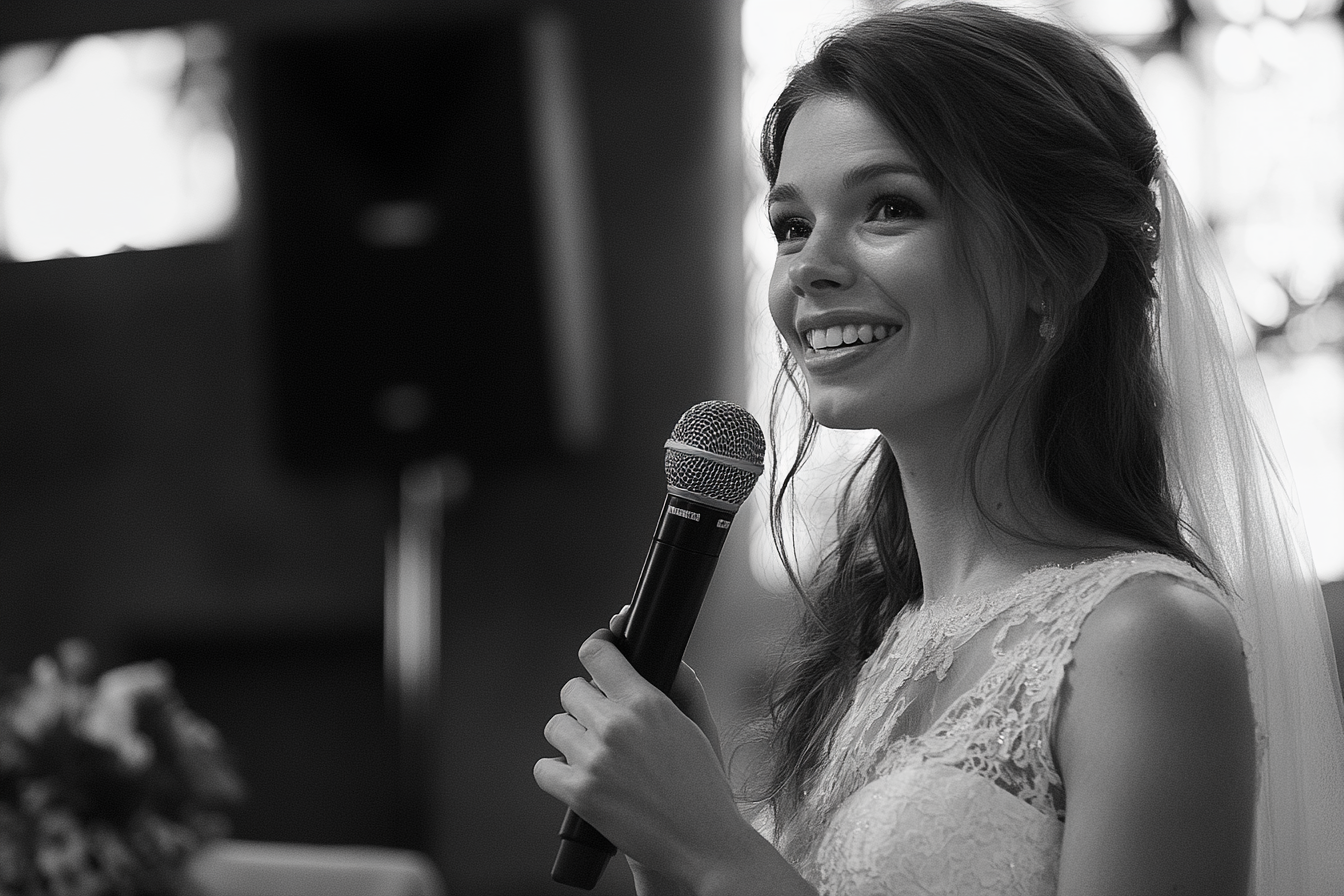 A bride smiling while giving a speech | Source: No source