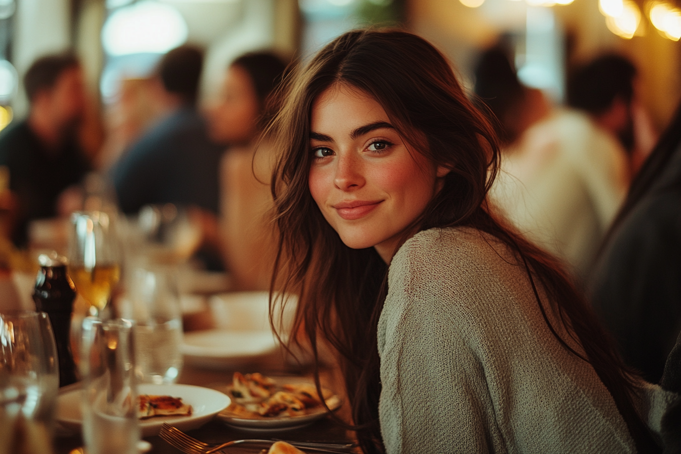 A woman slightly smiling while seated at a dinner table | Source: no source