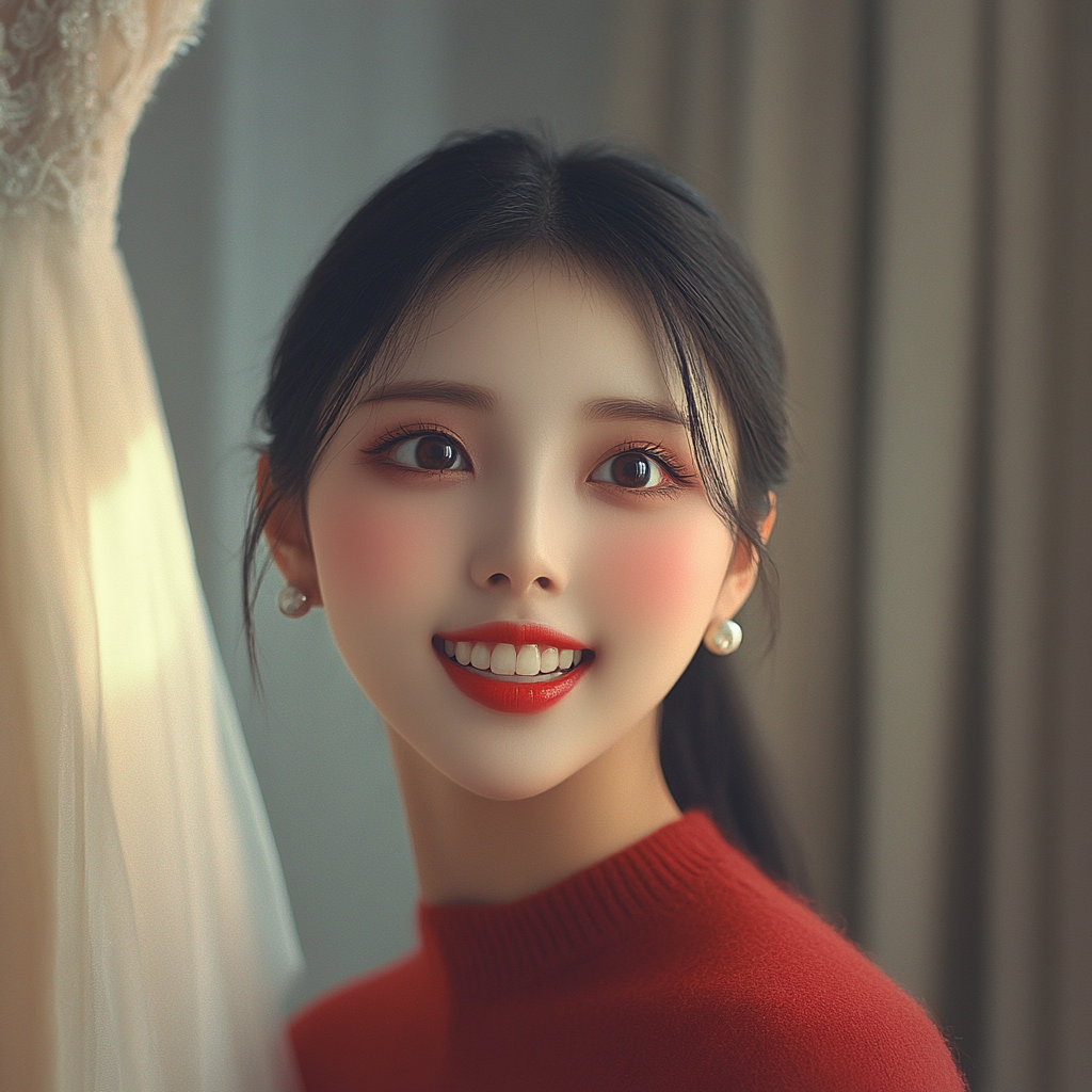 A delighted young lady standing near a wedding dress | Source: No source
