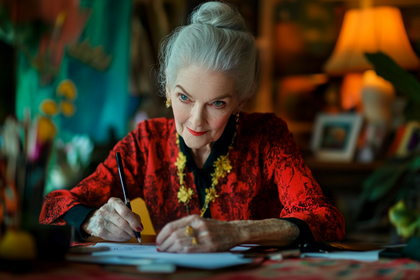 A woman looking away as she writes | Source: no source