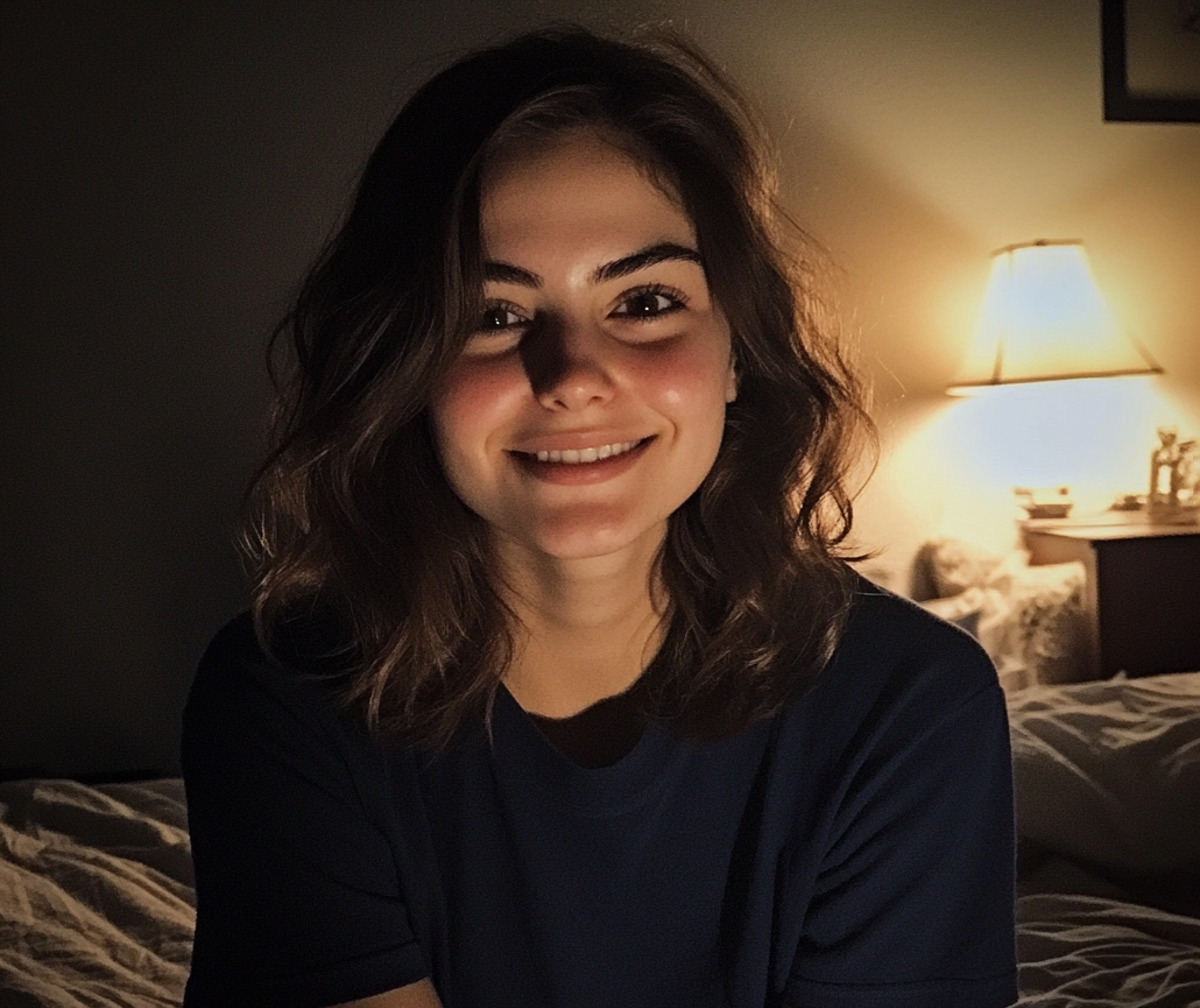 A young woman sitting on her bed and smiling | Source: No source