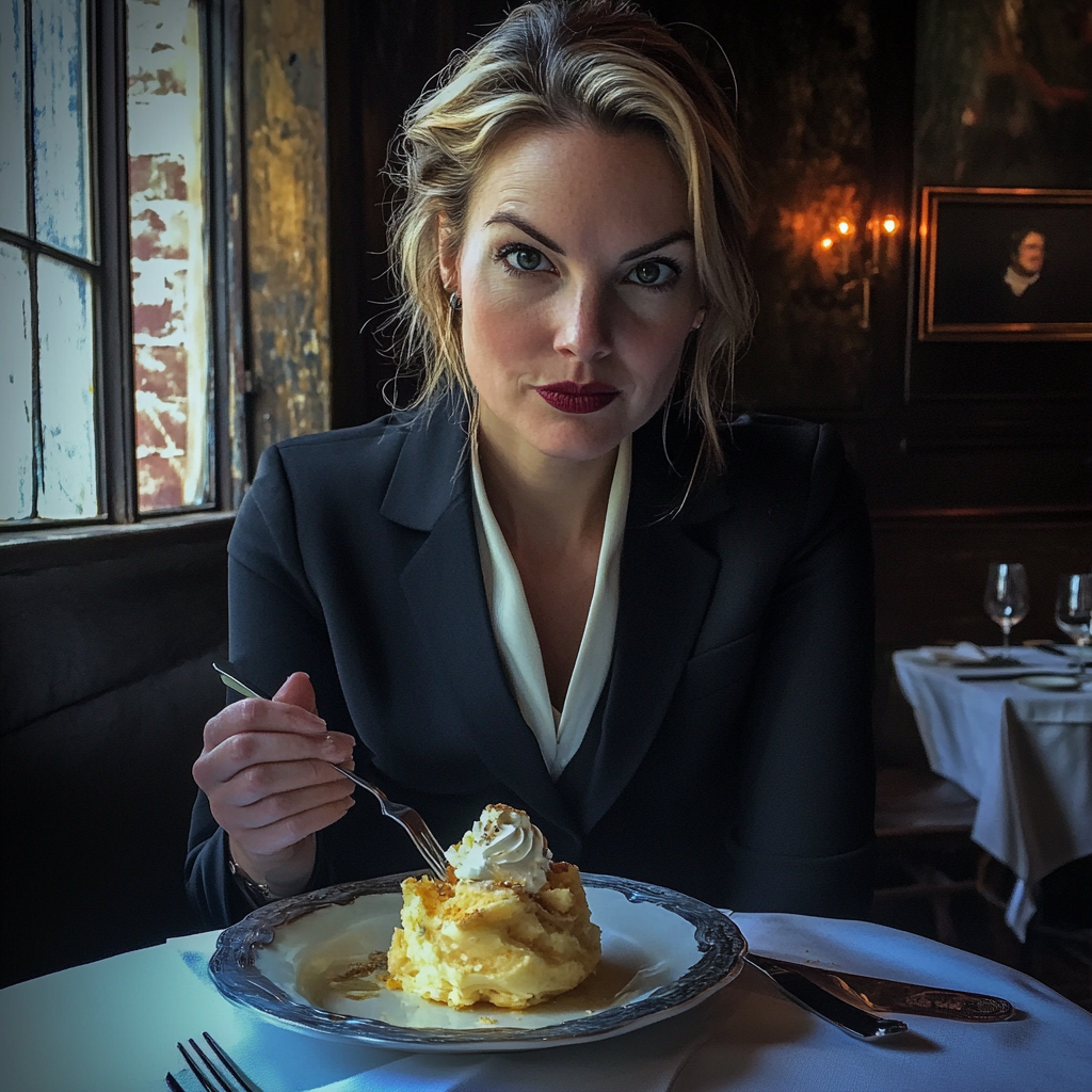 A woman sitting at a table and eating dessert | Source: No source
