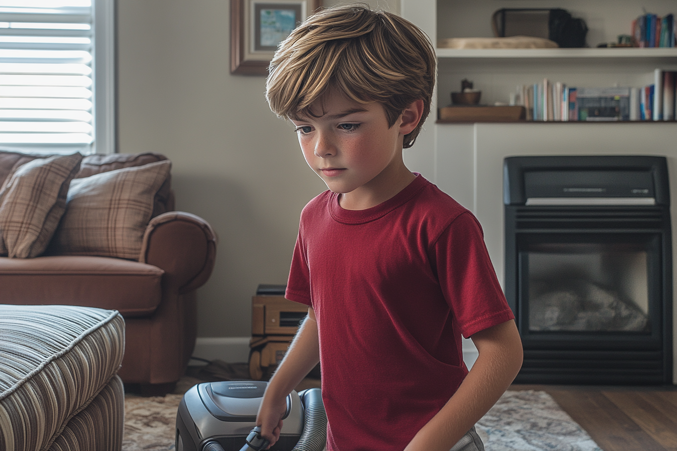 A boy vacuuming a living room | Source: No source