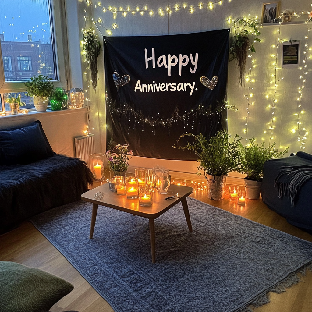 A cozy living room featuring a magnificent "Happy Anniversary" banner across the wall | Source: no source