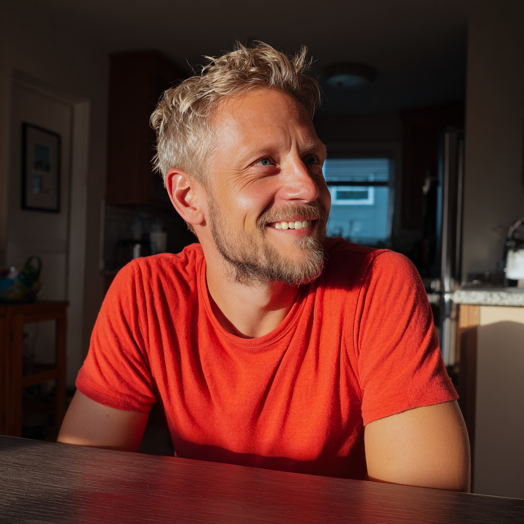 A smiling man sitting at a kitchen table | Source: No source