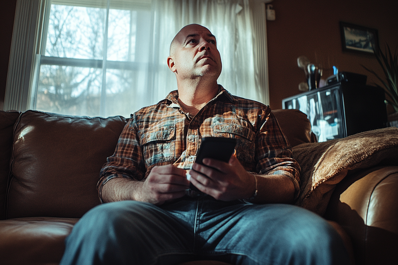 A man sitting on a sofa holding a phone and looking up | Source: No source