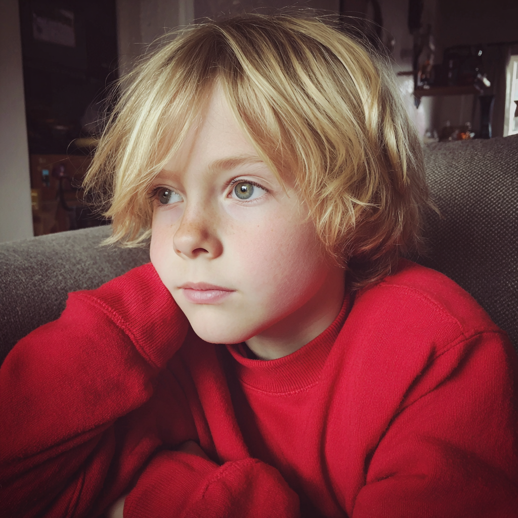 A pensive little boy sitting on a couch | Source: no source