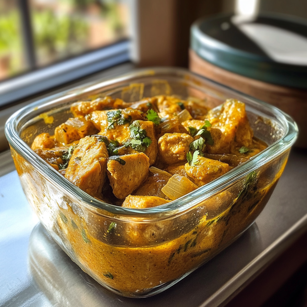 A container of chicken curry | Source: no source