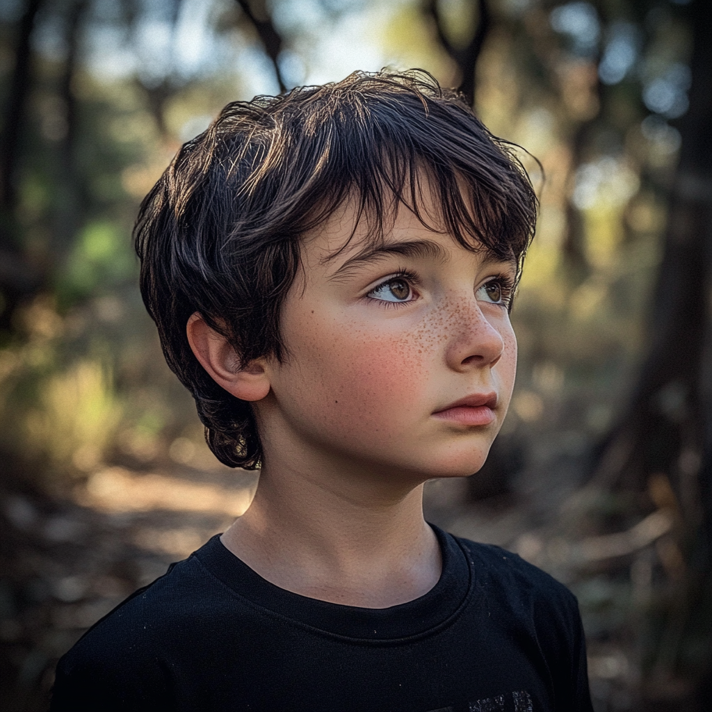 A boy standing in a forest | Source: No source