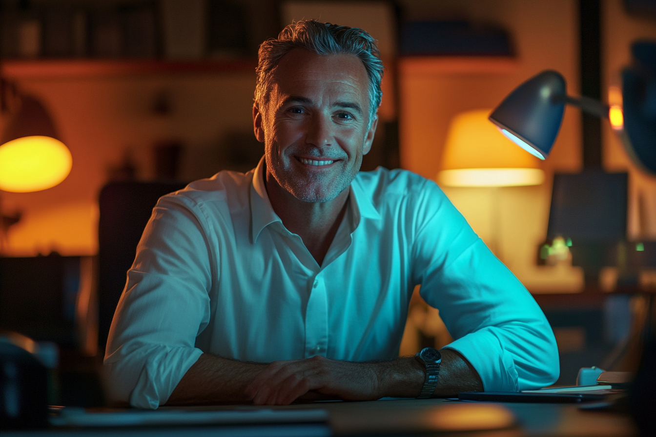 Restaurant manager smiling in an office | Source: No source