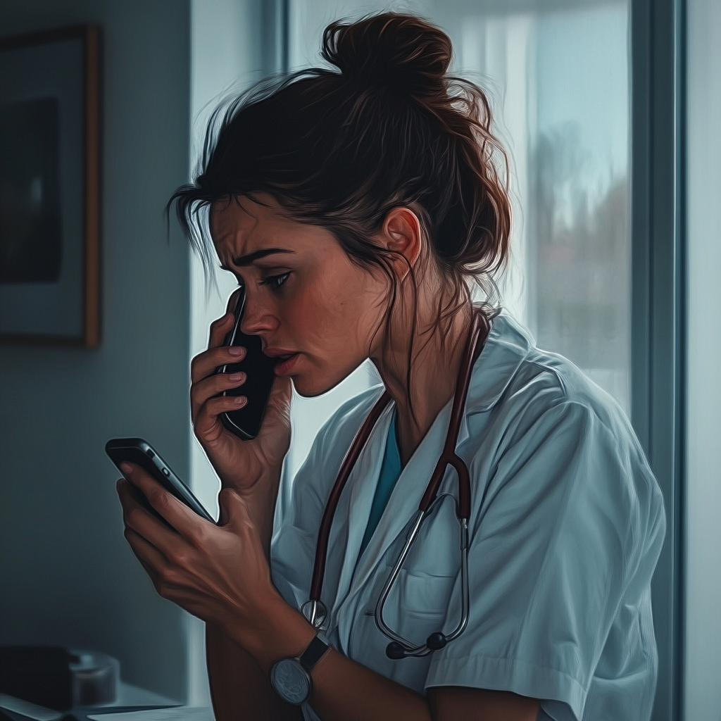 A sad doctor talking on her phone | Source: No source