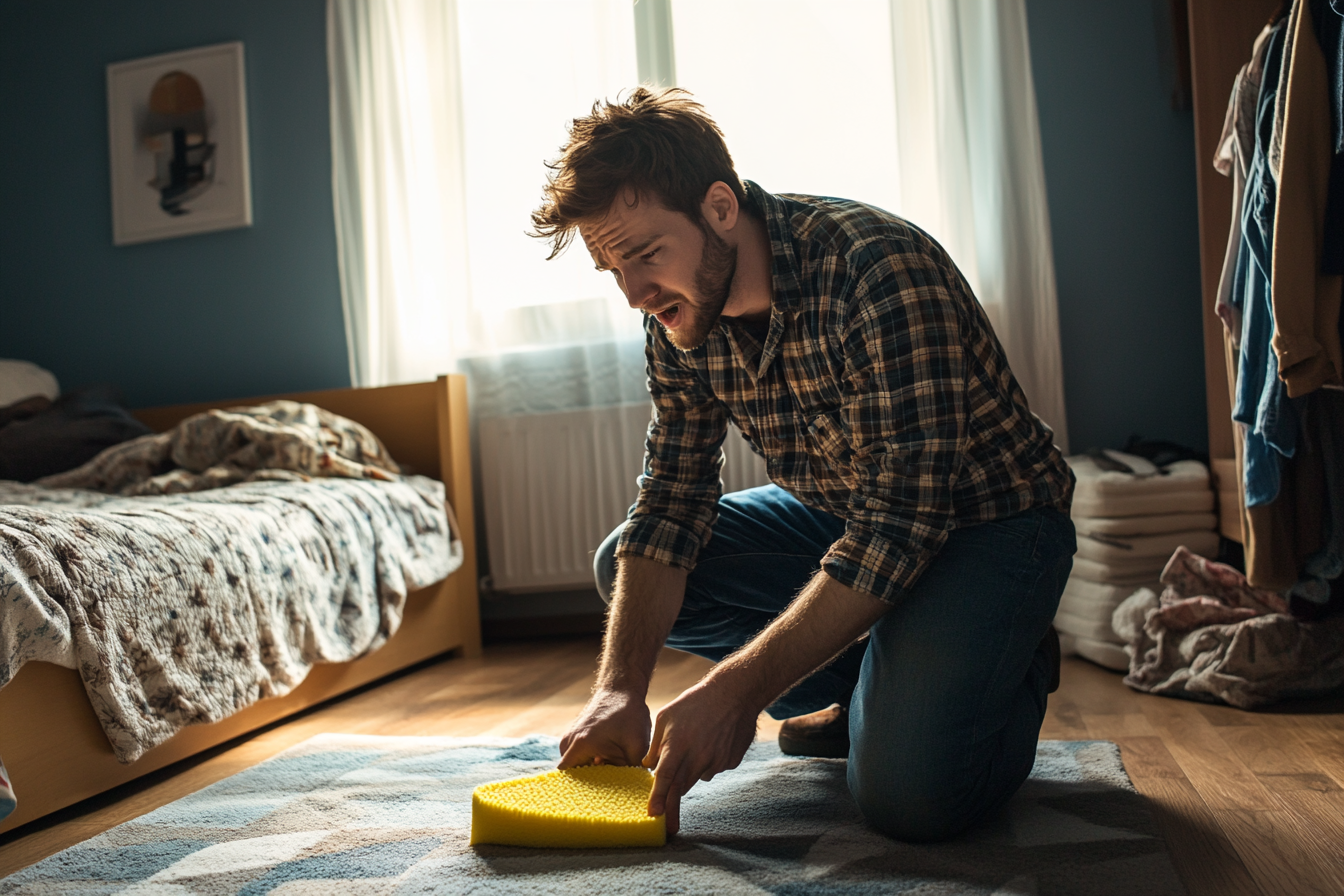 A man spot-cleaning a carpet | Source: No source