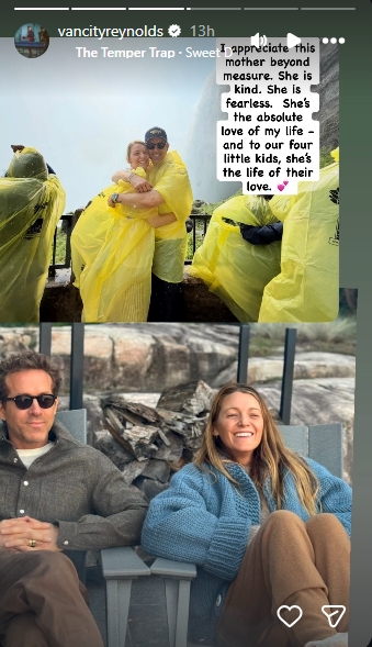Ryan Reynolds and Blake Lively posing near a waterfall and relaxing outdoors in photos shared on Reynolds' Mother's Day Instagram Story on May 10, 2026. | Source: Instagram/vancityreynolds