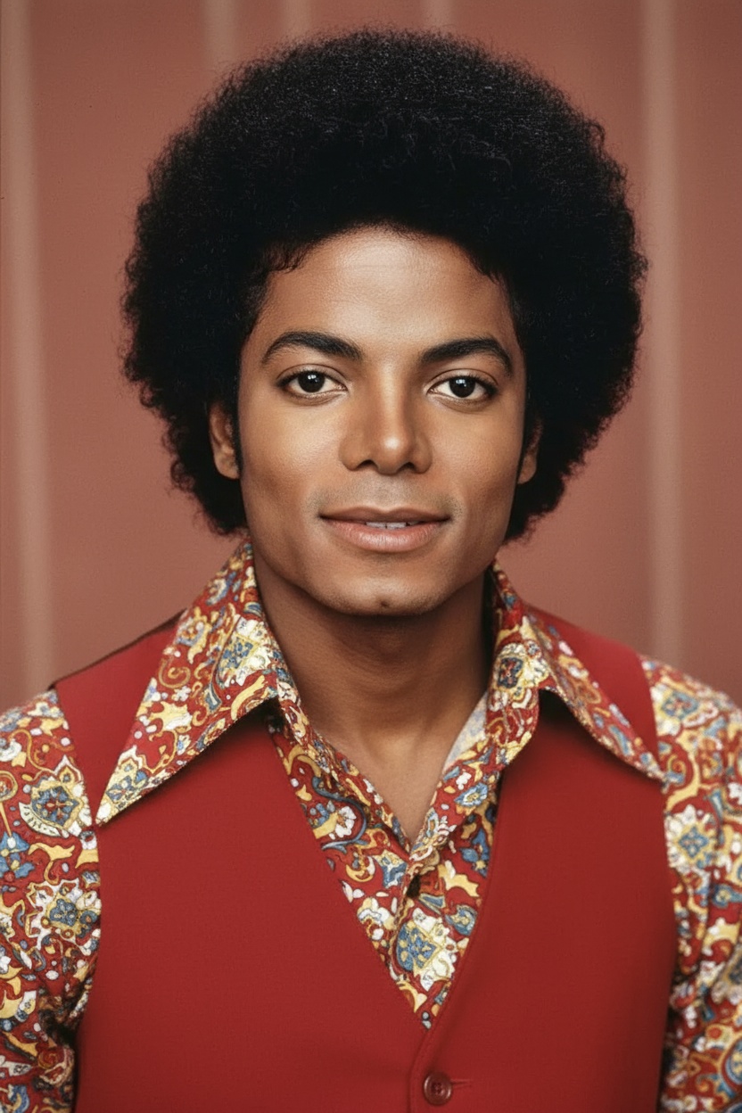 Michael Jackson wears a patterned, colorful shirt with red, gold, and blue designs beneath a red vest in this reimagined image. | Source: Grok AI