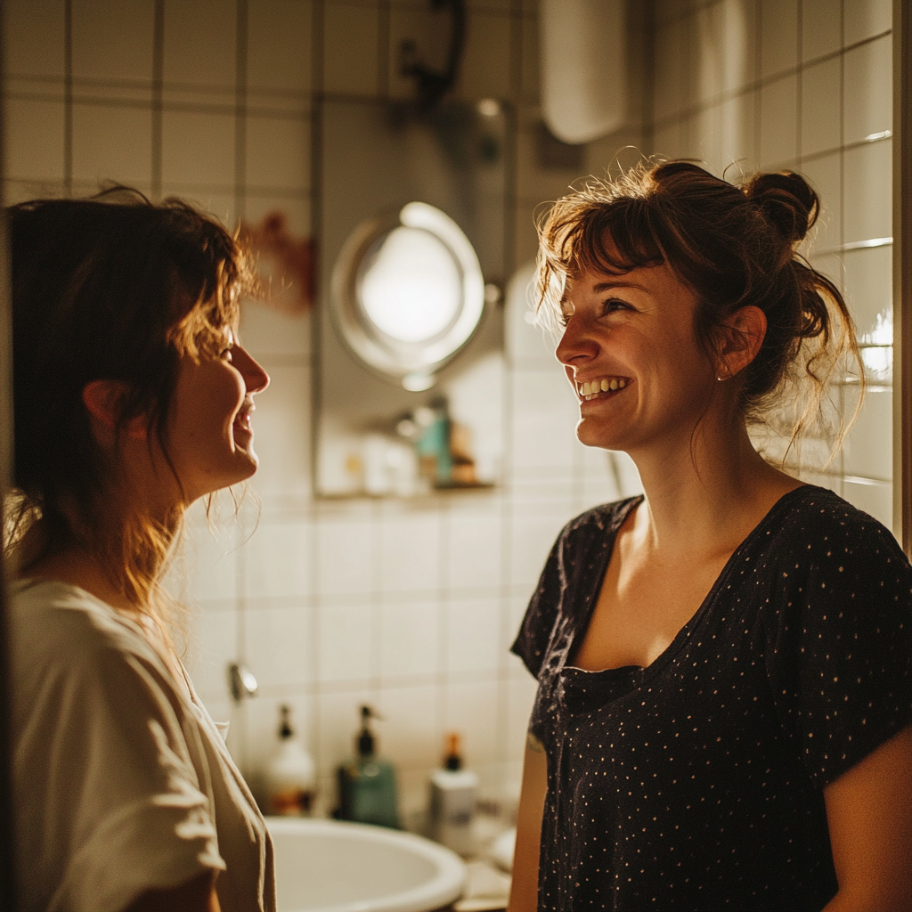 Two smiling women talking | Source: no source