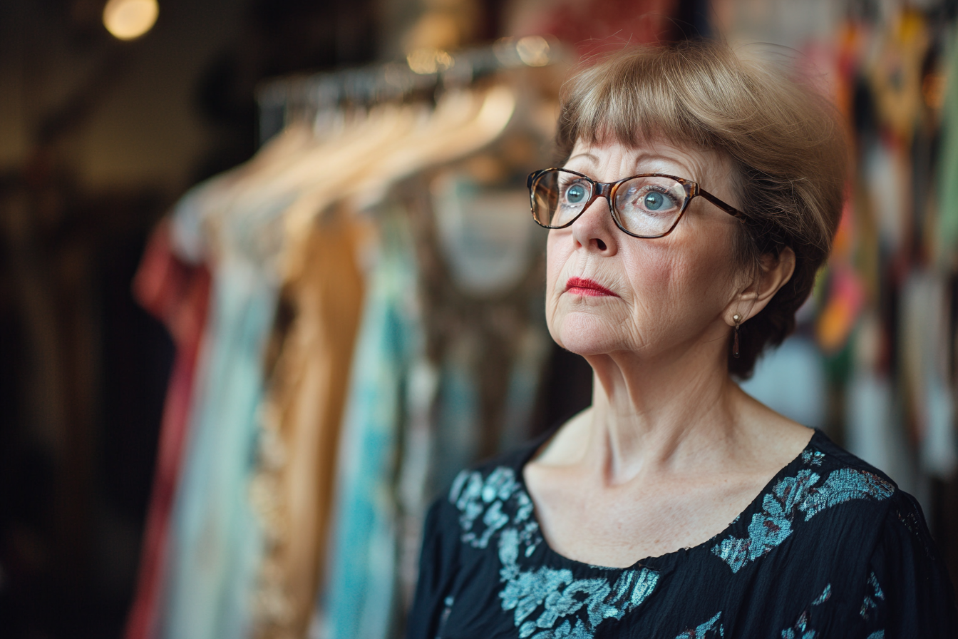 A startled woman in a clothing store | Source: no source