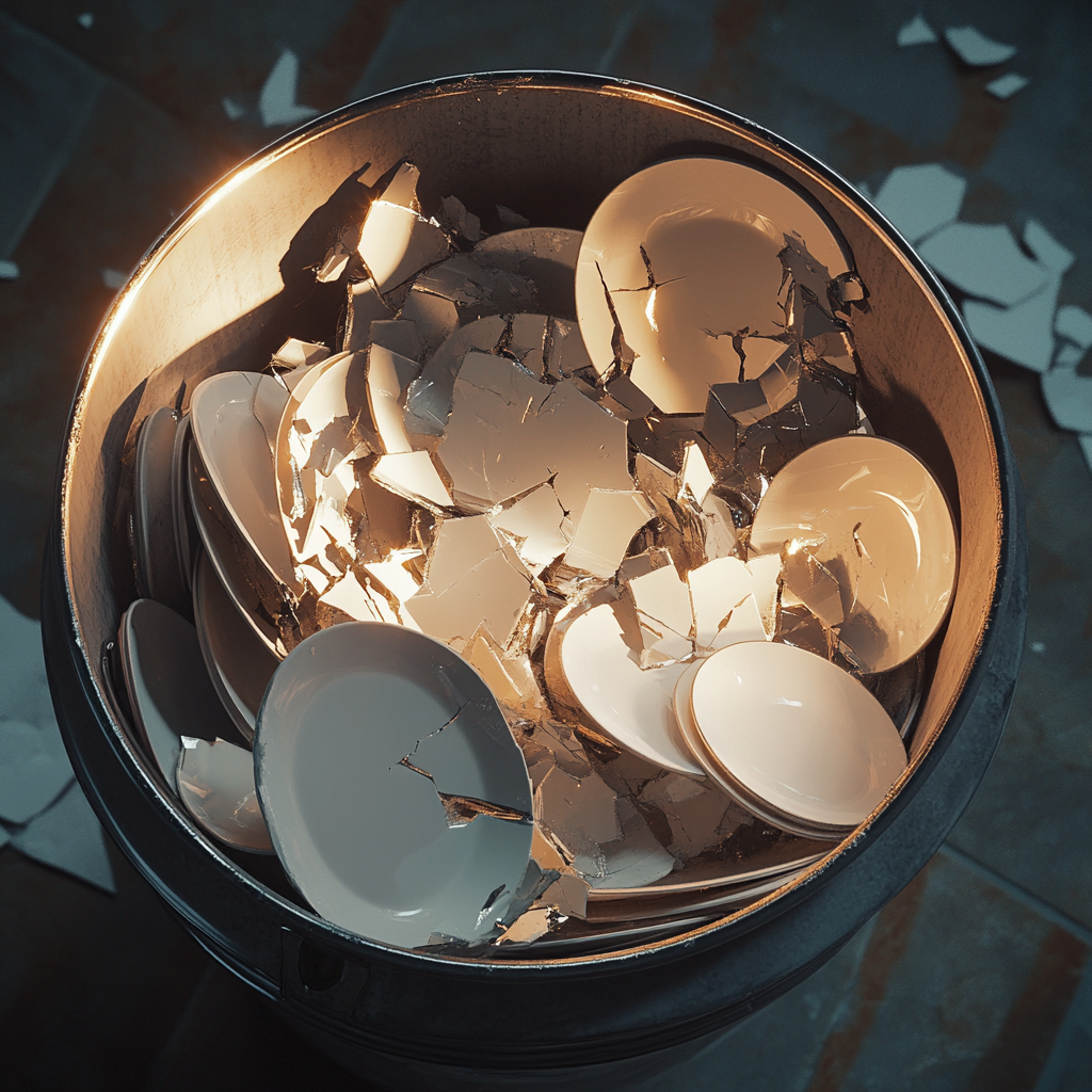 Close up shot of broken plates in a trashcan | Source: No source