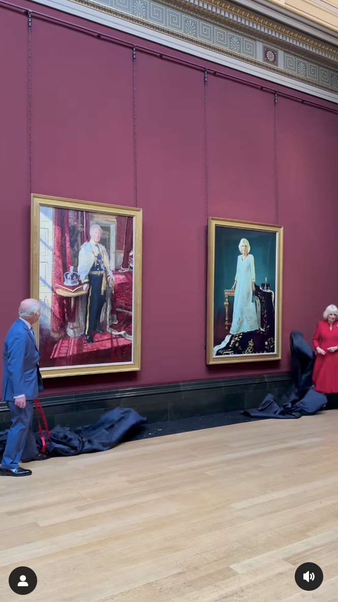 King Charles and Queen Camilla stand next to their coronation state portraits, dated May 6, 2025 | Source: Instagram/theroyalfamily