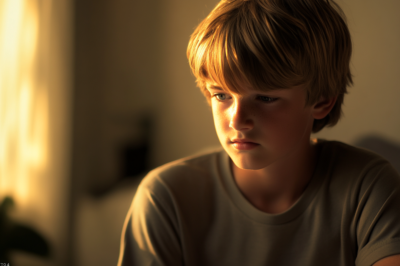 A boy sitting in a living room, looking down | Source: no source