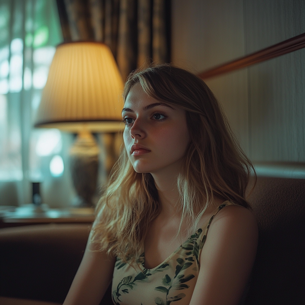 A young woman looks apologetic while sitting alone | Source: no source