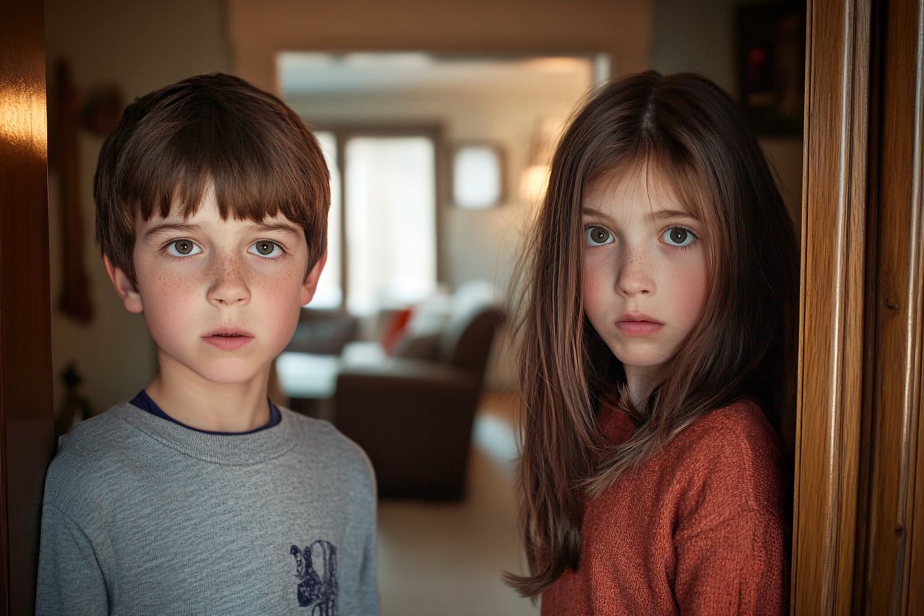 Two kids standing in a doorway looking curious and confused | Source: no source
