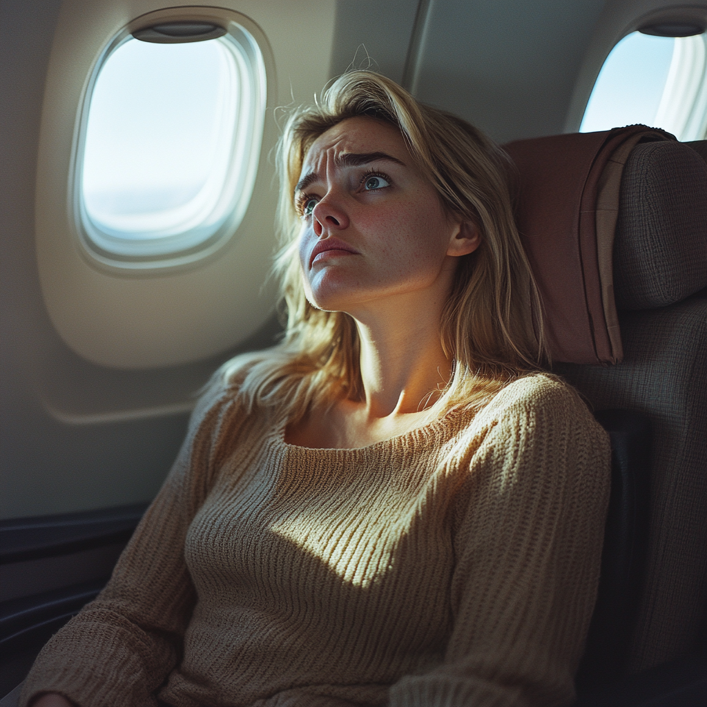 An upset woman getting ready to leave her airplane seat | Source: no source