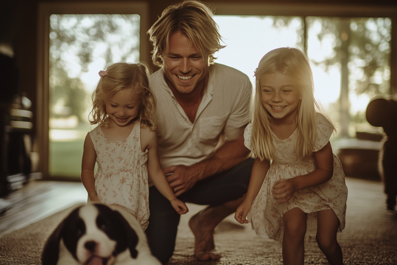 A blonde man in his 30s with twin girls, 5 years old, smiling happily while looking at a puppy in the living room | Source: No source