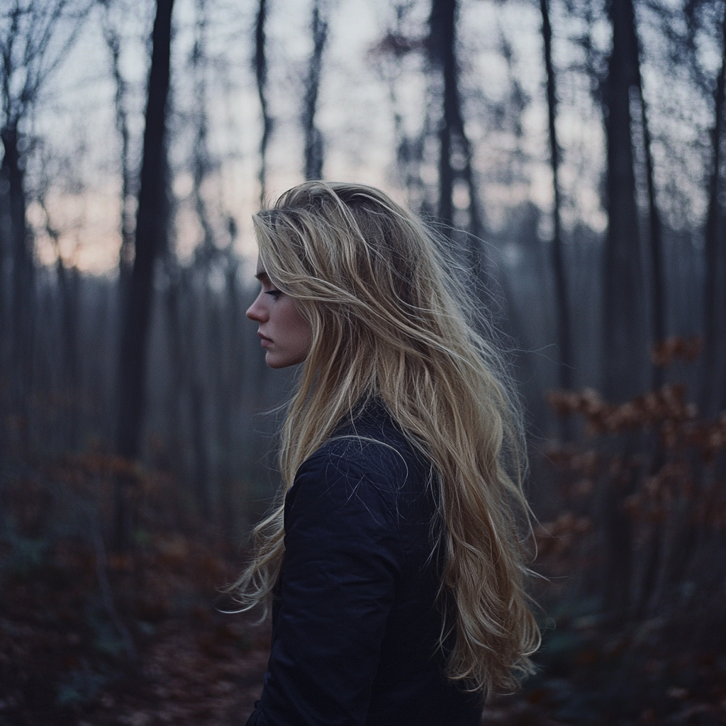 A sad woman walking in the woods | Source: No source