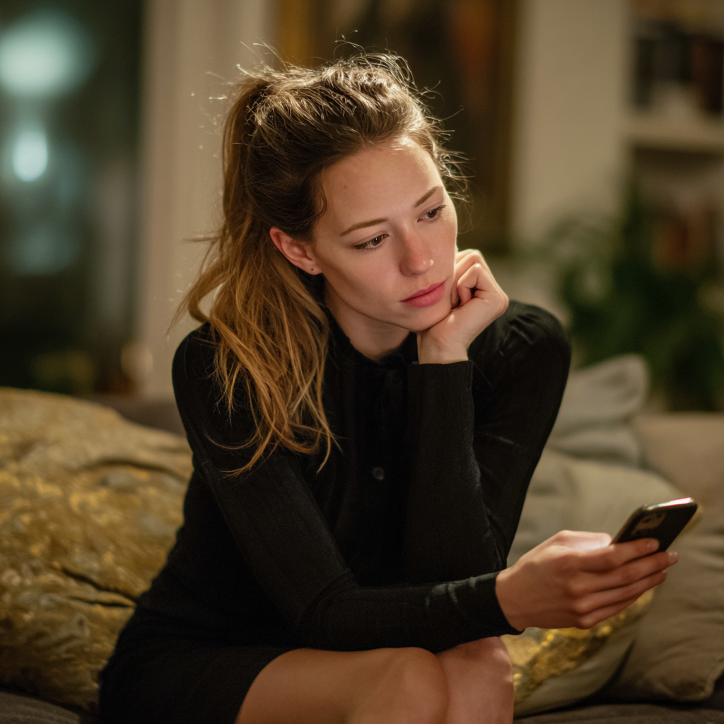 A young woman sitting on a couch and using her cellphone | Source: No source